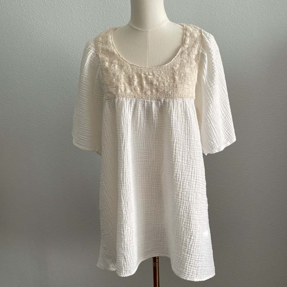 Zara Women’s XS Crochet Lace Short Sleeve Ivory Gauze Tunic Boho Top - Picture 1 of 6